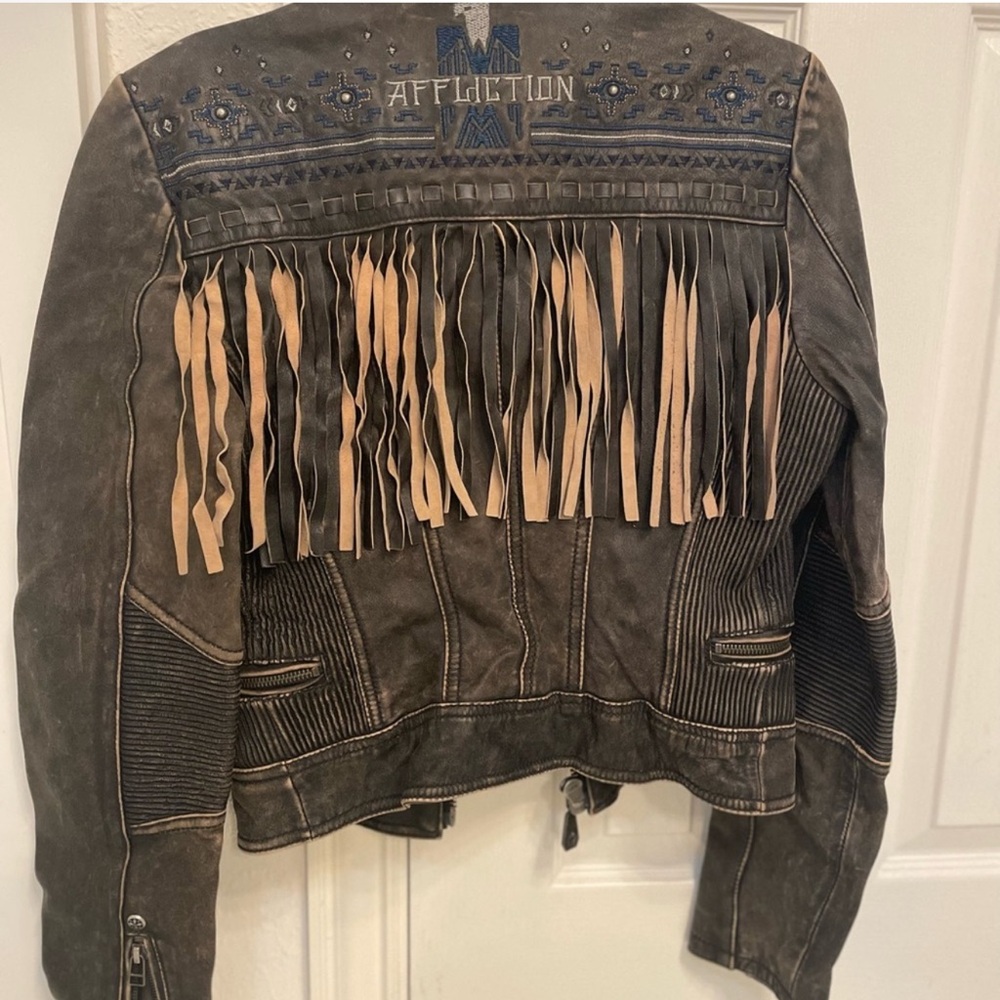 Affliction Black Leather Jacket with Fringe - Picture 3 of 5